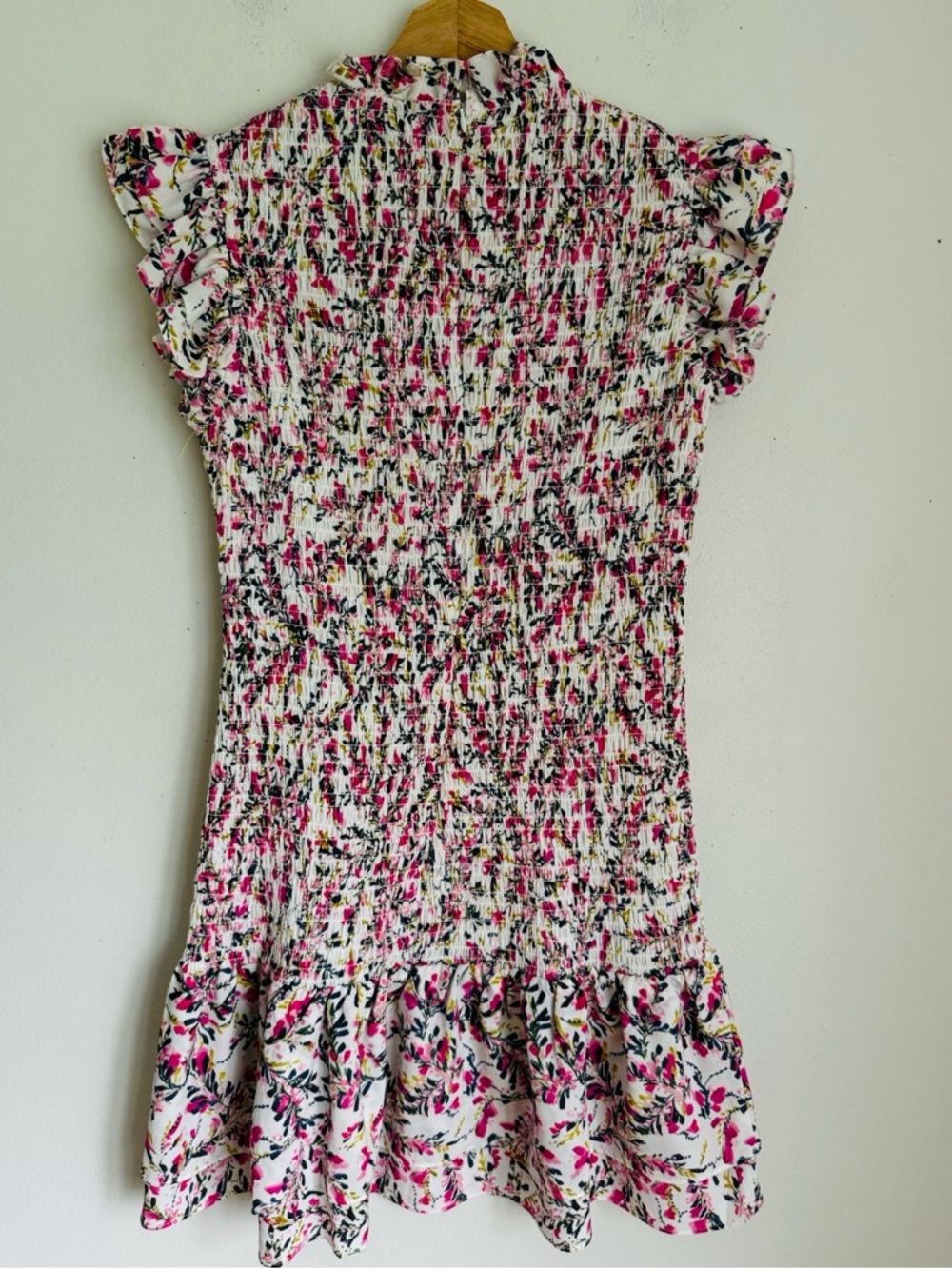 French Connection Elao Verona Printed Smocked Ruffle Dress in Pink - Picture 7 of 8